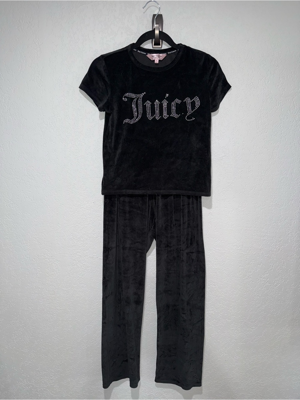Juicy Couture Black Velour 2-Piece Set with Rhinestone Spellout Logo